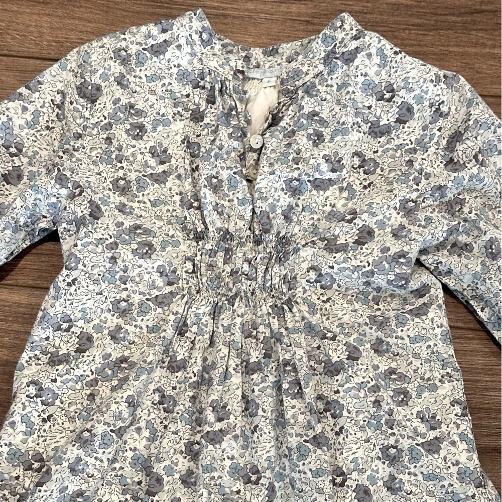 Elephantito Girls 6 Blue and Gray Floral Long Sleeve Button Ruffle Dress - Picture 3 of 5